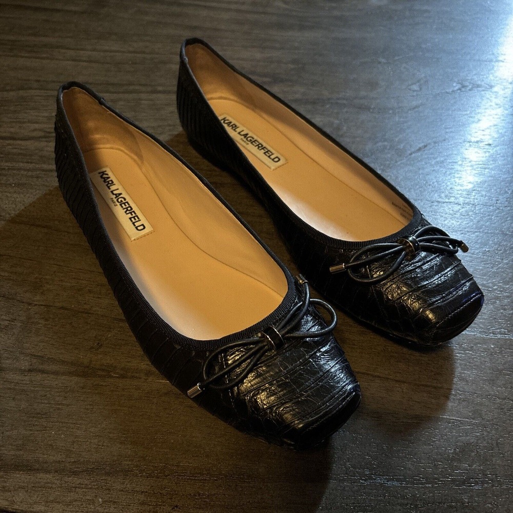 Karl Lagerfeld Snake Skin Square Toe Flats With Bow Size 9